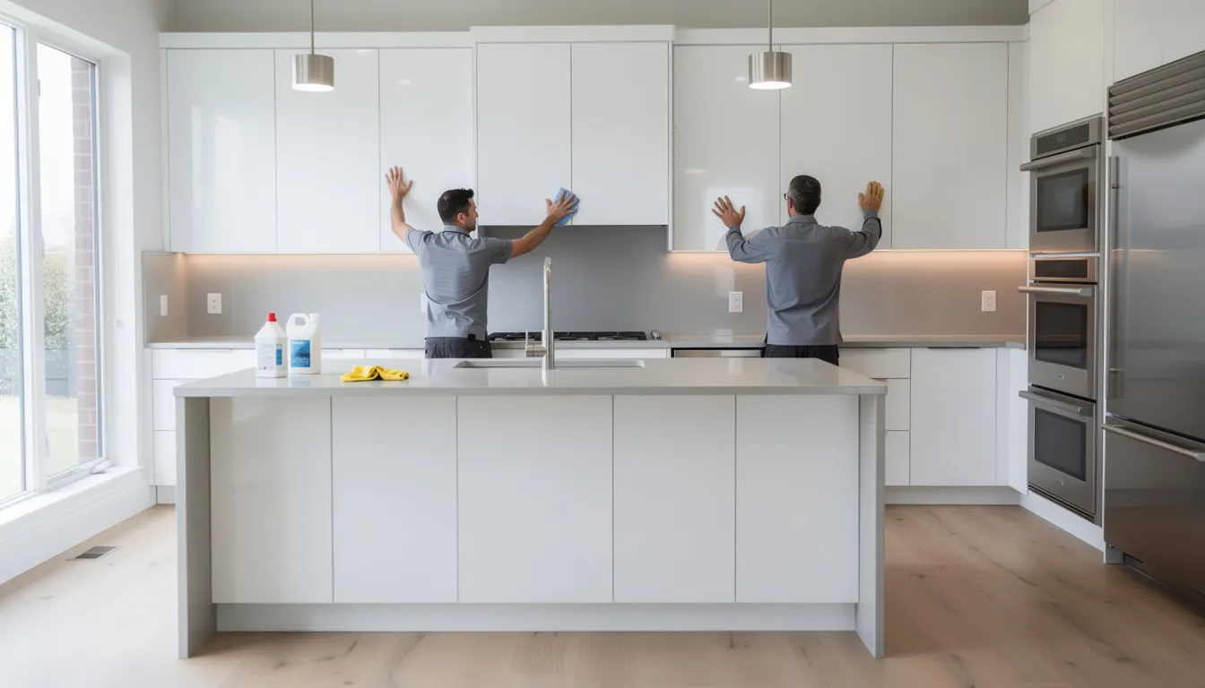 A team of professional cleaners is thoroughly cleaning a newly renovated kitchen featuring modern white cabinets, ensuring a pristine living space. They are utilizing advanced tools and cleaning products to tackle hard-to-reach areas, highlighting the importance of deep cleaning services for maintaining a healthy living environment.