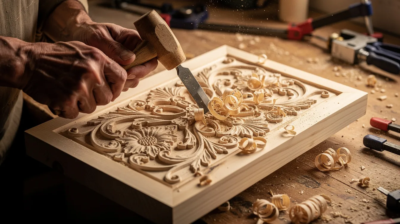 An artisan is hand-carving intricate floral patterns into a wooden panel, showcasing skilled woodworking techniques. This image highlights the aesthetic appeal of custom wood products, which can be ideal for profitable woodworking business ideas.