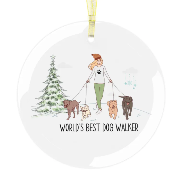 Christmas Ornament with dogs and dog walker. Text says World's Best Dog Walker