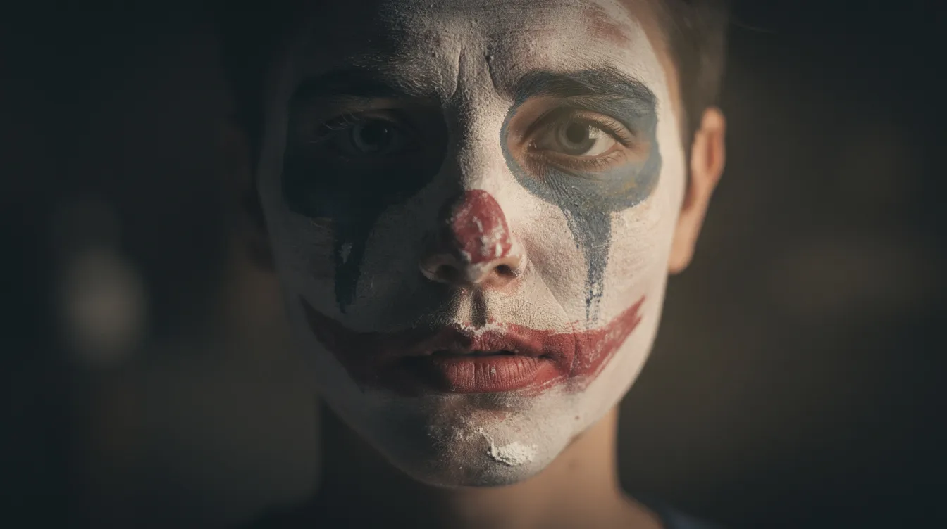 Das Bild zeigt ein Gesicht, das zur Hälfte im Schatten und zur Hälfte in warmem Licht beleuchtet ist. Die Spuren von verschmierter Clown-Schminke deuten auf eine tragische Figur hin, während der leere Blick und der verschwommene, dunkle Hintergrund eine melancholische Stimmung erzeugen, die an die Darstellung von Arthur Fleck aus dem Film "Joker" erinnert.