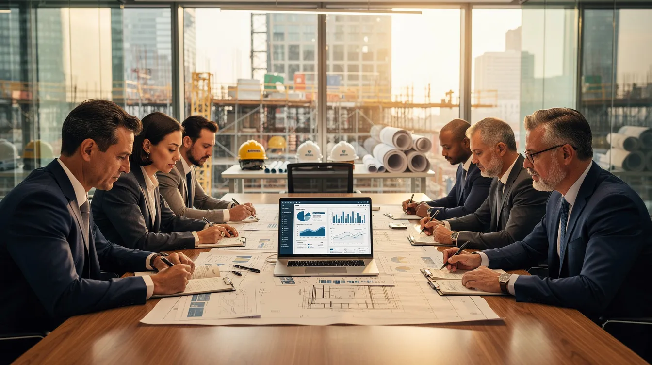 A group of construction company executives is seated around a conference table, intently reviewing printed reports and a laptop screen that displays data related to current and future projects. The atmosphere reflects a focus on construction backlog management, as they discuss project costs, timelines, and strategies to deliver quality projects while ensuring a healthy backlog for their construction business.