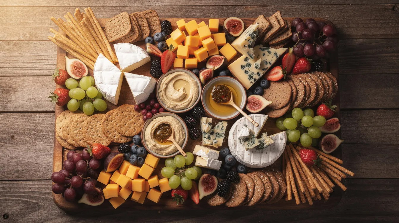 A vibrant grazing board is beautifully arranged on a wooden surface, featuring a variety of cheeses, fresh fruits, crunchy crackers, and small bowls of dips, perfect for a relaxed host planning a stress-free dinner party as guests arrive. This colorful spread is an inviting centerpiece for any gathering during the holiday season, allowing friends to enjoy delicious food and drinks while mingling.