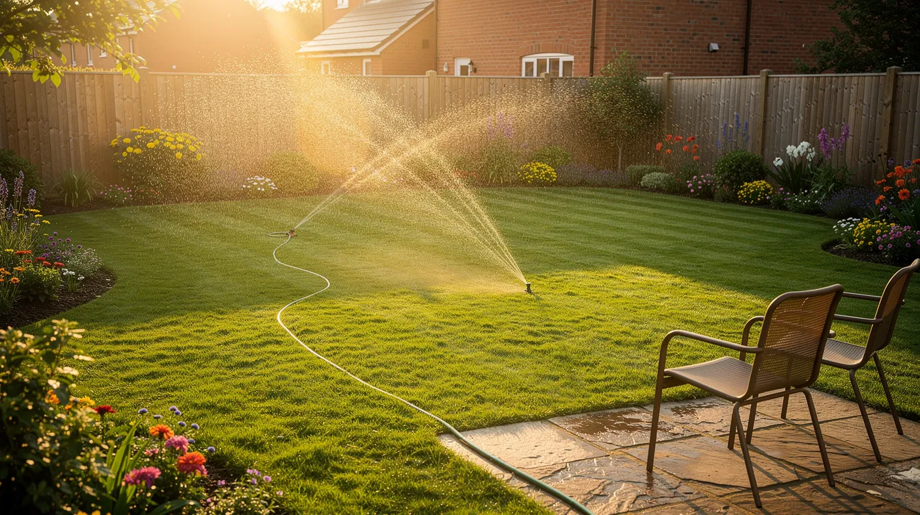 The image depicts a well-maintained UK back garden lawn being gently watered in the warm evening light, showcasing lush green grass that indicates healthy growth. The scene highlights the importance of lawn care, emphasizing the established lawns' vibrant color and strong root development as they receive essential nutrients during the summer months.
