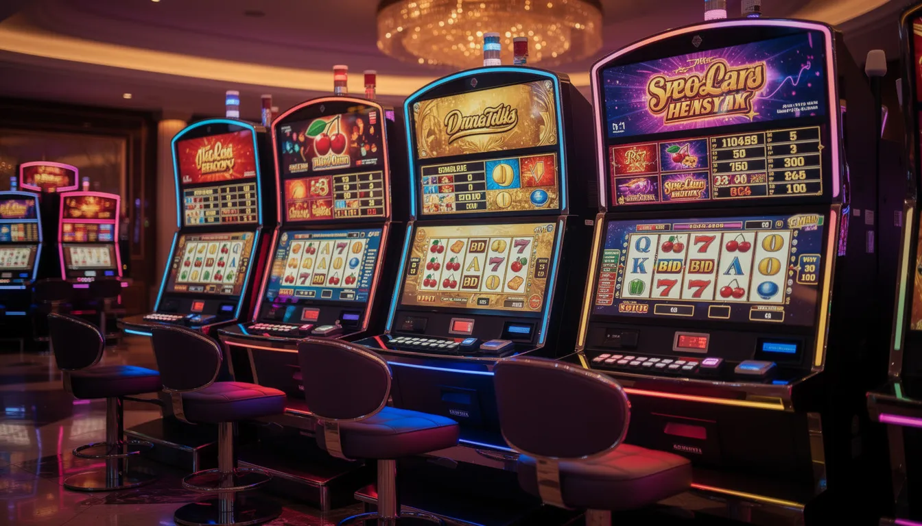 En modern spelmiljö med färgglada casinospelautomater som blinkar och lyser. Maskinerna erbjuder olika spel, inklusive populära titlar som "Book of Dead", och möjligheter till "100 free spins" hos PlayOjo casino.