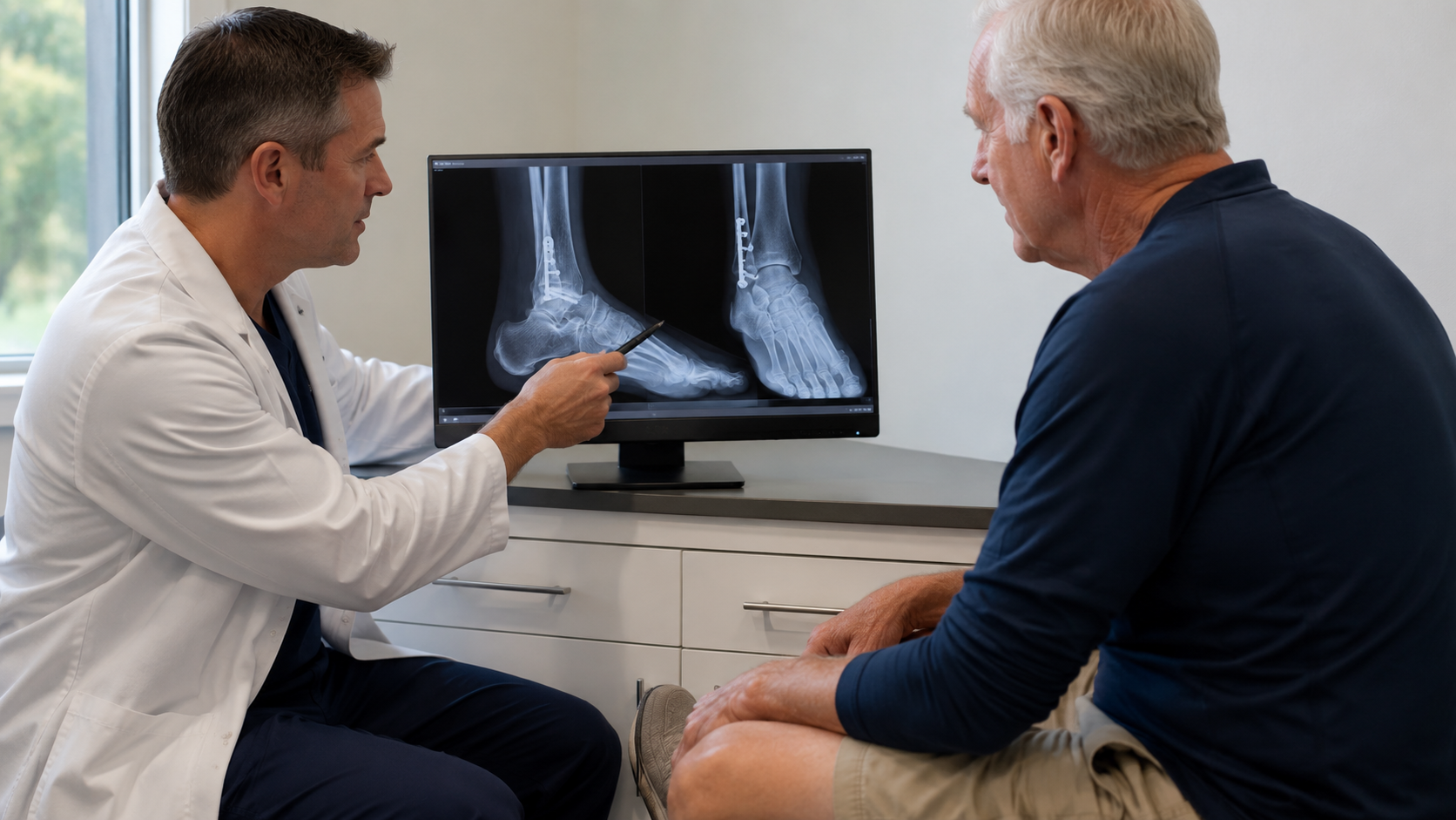 Doctor reviewing ankle x-rays with a patient during a consultation
