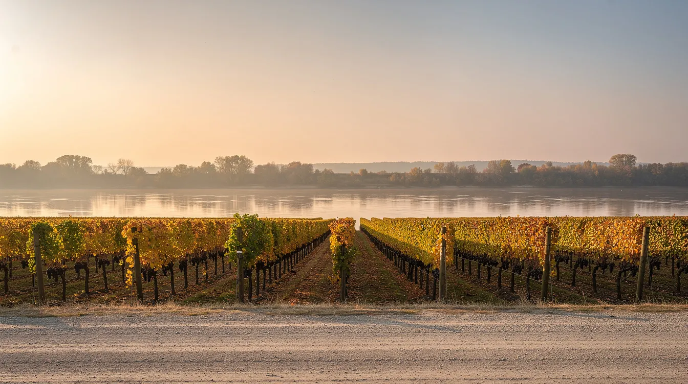 Golden grapevines stretch in neat rows along a flat levee road, with the serene Sacramento River visible in the background under a warm early-fall sky, creating a picturesque vineyard setting in Clarksburg wine country. This landscape invites visitors to explore the award-winning wineries and savor the region's renowned wines.