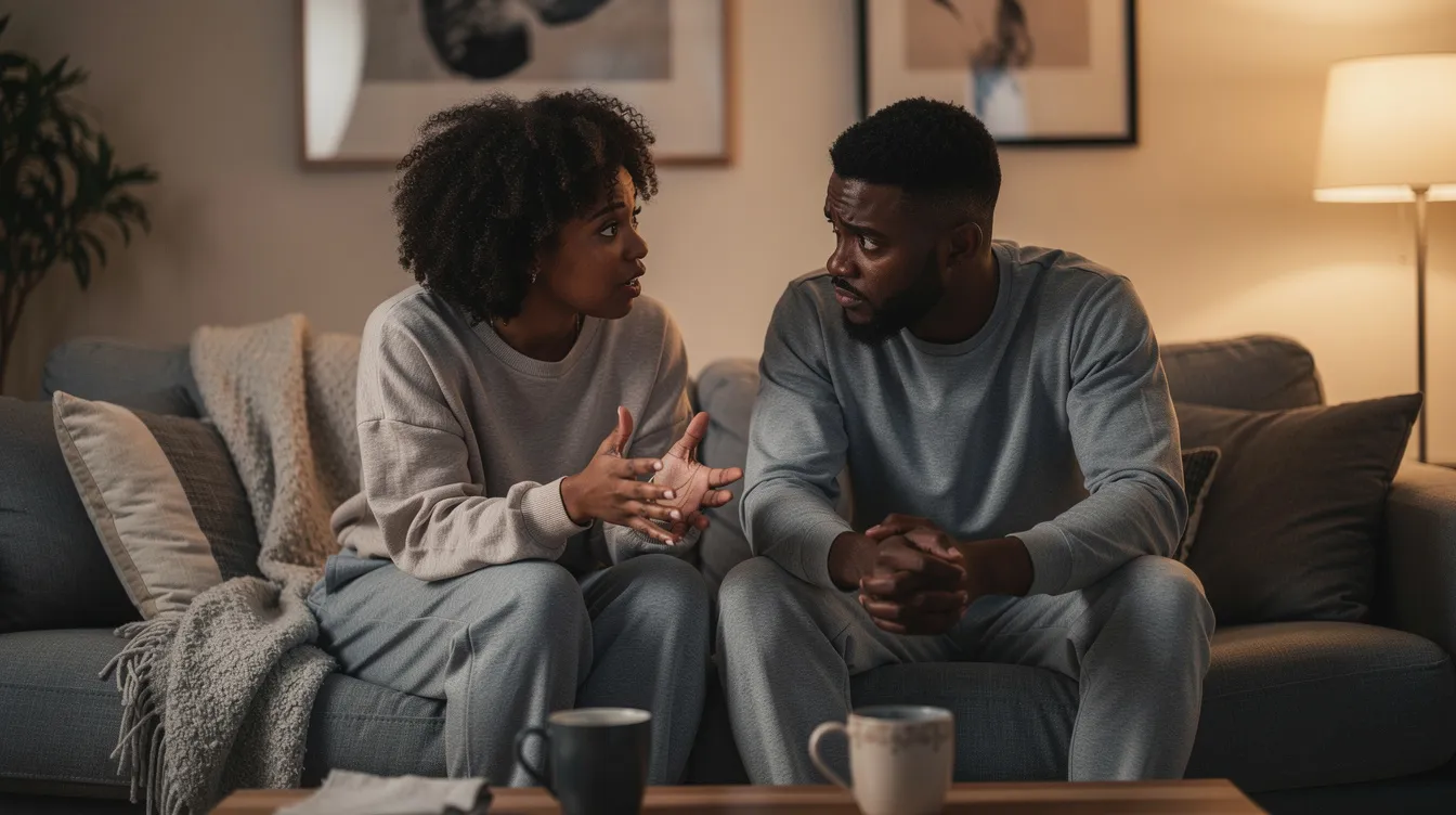 A black couple is sitting closely on a couch, engaged in a meaningful dialogue about their relationship, showcasing mutual respect and good communication skills. Their body language reflects a desire to connect deeply as they discuss relationship problems and the importance of feeling loved and understood.