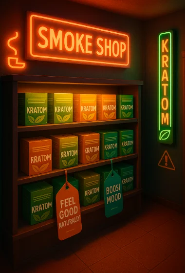 Uplifting Kratom Community Interviews 9 3D infographic showing kratom availability in various retail outlets such as smoke shops, gas stations, liquor stores, and kava bars. Features neon signage, kratom packages on shelves, and marketing tags promoting mood boost and natural wellness.