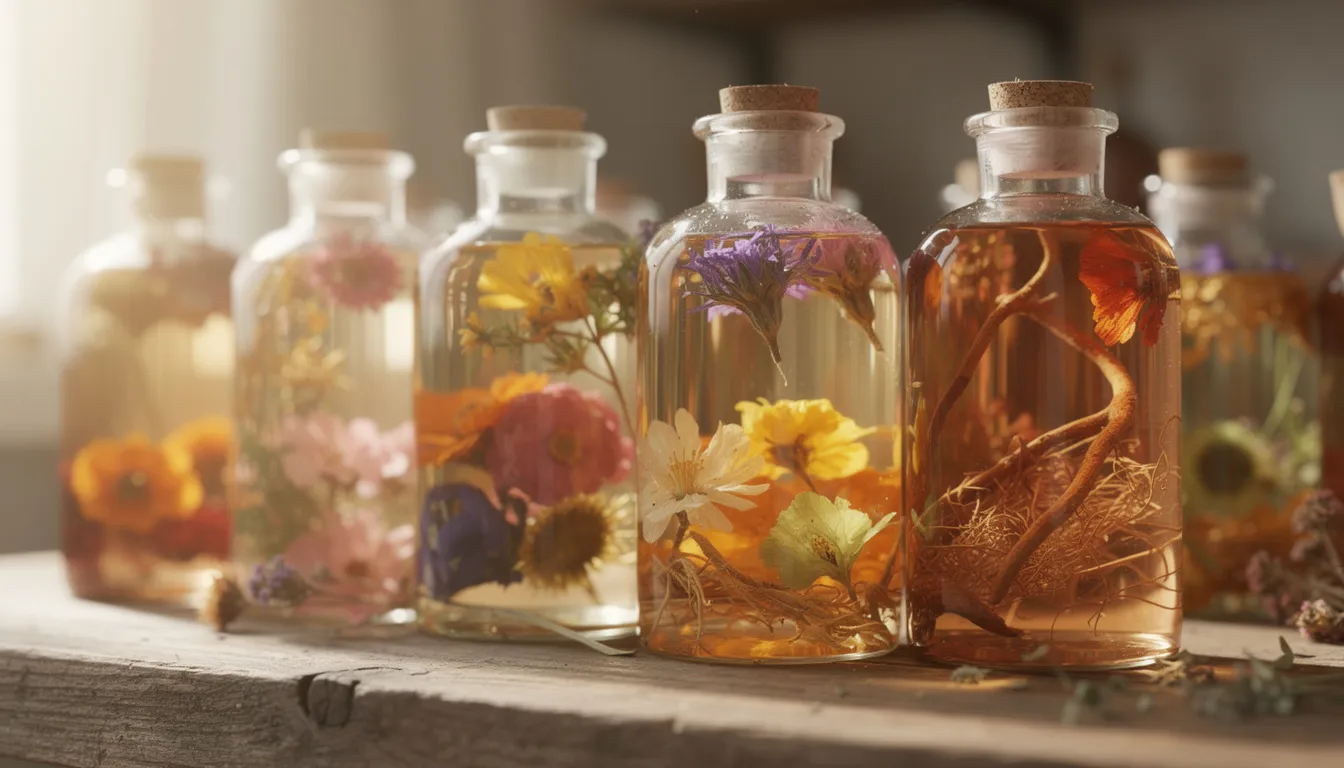 The image features glass bottles filled with organic botanical extracts and dried flowers, arranged on a rustic wooden surface. These natural ingredients highlight a commitment to clean beauty and non-toxic makeup brands, ideal for those seeking to enhance their beauty routine with sustainable, cruelty-free products.