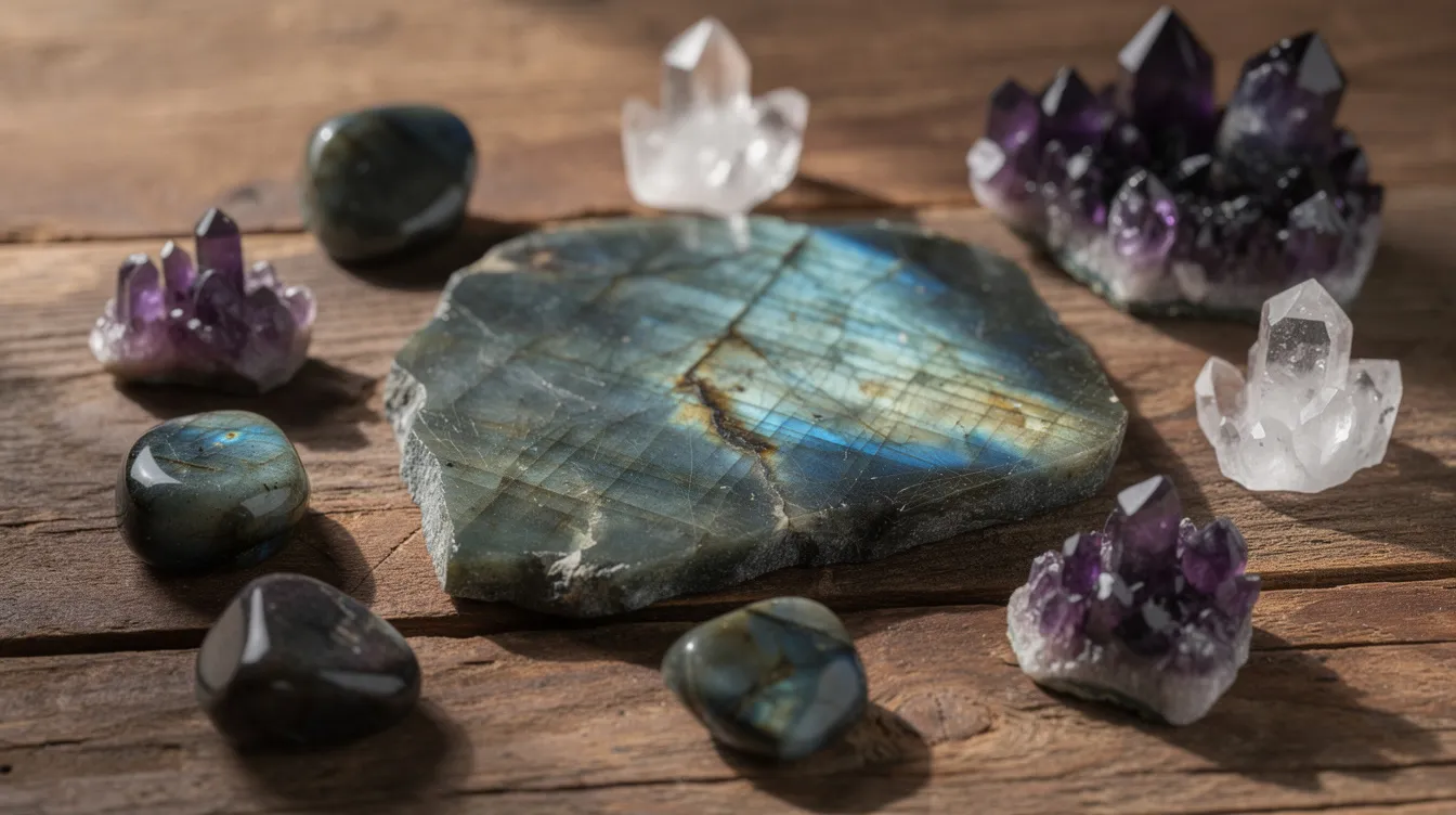 The image showcases a beautiful arrangement of labradorite stones alongside amethyst and clear quartz crystals, all displayed on a rustic wooden surface. The labradorite stones, known for their stunning play of colors and metaphysical properties, are complemented by the calming presence of amethyst and the clarity of quartz, creating a harmonious visual that reflects spiritual growth and inner peace.