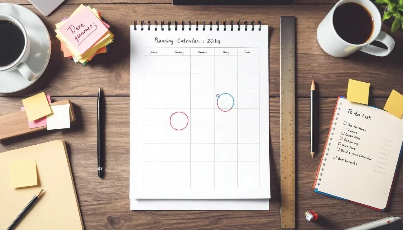 Un calendario de planificación muestra varias fechas marcadas y una lista de tareas, ideal para organizar la inauguración de un negocio, incluyendo detalles sobre el evento, invitados y contenido para redes sociales. Este calendario es una herramienta útil para asegurar el éxito de la gran inauguración y mantener todo en orden.