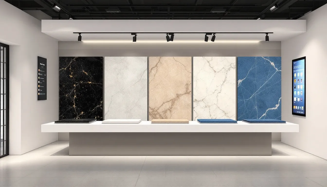 Various samples of quartz worktop colours displayed for selection.