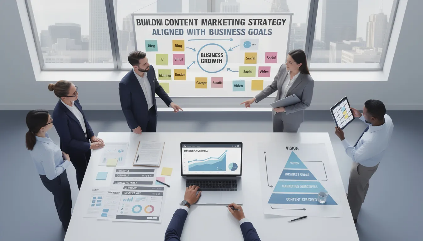 The image depicts a diverse group of professionals collaborating on a whiteboard to build a content marketing strategy aligned with business goals. They are brainstorming ideas for effective content marketing efforts, discussing target audience engagement, and planning various content formats such as blog posts and social media posts to enhance brand visibility and generate leads.
