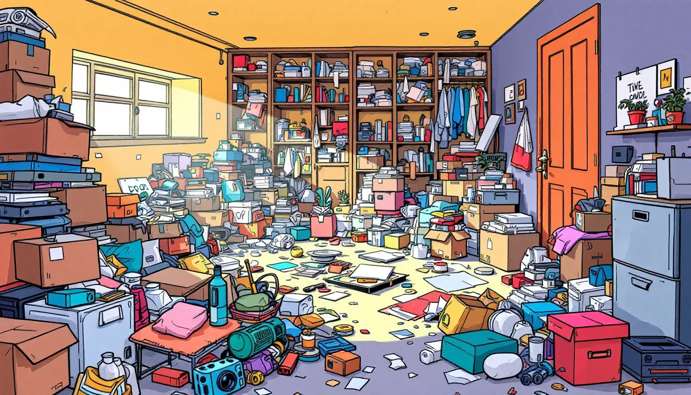 A cluttered room with boxes and items piled up, representing a hoarder’s space.