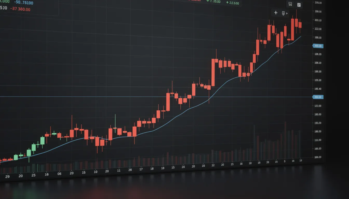 The image depicts a financial chart illustrating a downward price trend in bitcoin, characterized by red candlesticks against a dark background, signaling a potential bitcoin bear market. This visual representation highlights the volatility and risk associated with crypto markets, reflecting the current sentiment among investors and the impact of profit-taking and institutional flows.