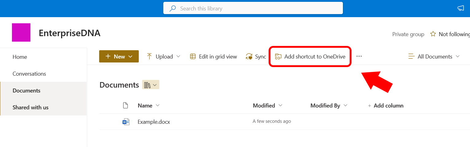 Click the add shortcut to onedrive button to sync multiple documents from file explorer