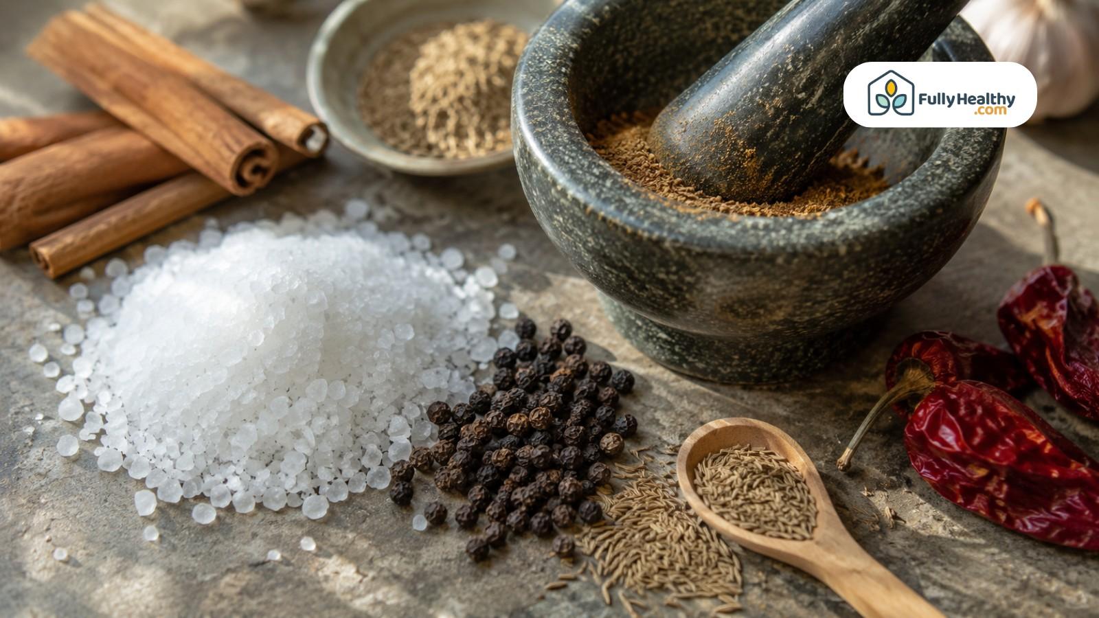 Salt crystals beside mortar and pestle with whole spices on rustic kitchen surface