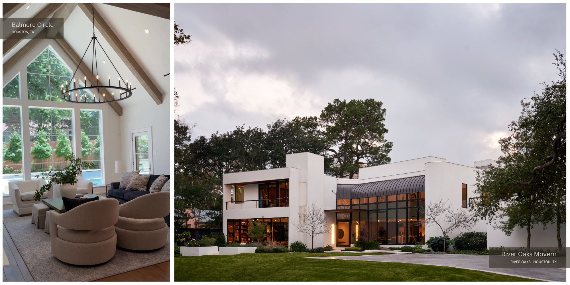 The vaulted ceiling living room at Balmore and the exterior of Bauhaus-style River Oaks Modern.