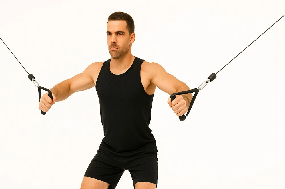 A man is performing a cable flye, focusing on activating his chest muscles facing forward. This exercise targets the pectoralis major and minor, contributing to his overall upper body strength and chest gains.