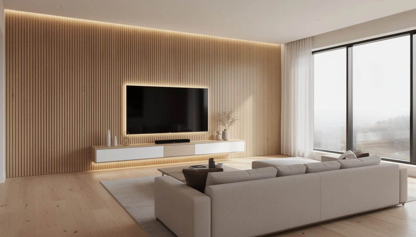 Een moderne woonkamer met een houten lattenwand achter een grote flatscreen tv, die een stijlvolle toevoeging vormt aan het interieur. Het zwevende tv meubel zorgt voor een opgeruimde uitstraling en benadrukt de warme, natuurlijke uitstraling van de houten wandpanelen.