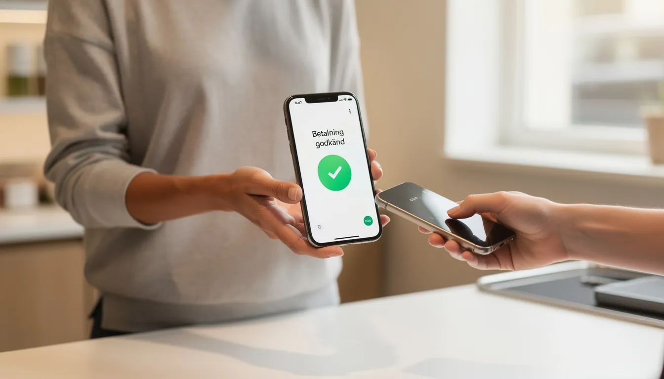 En person håller en smartphone i handen och tar emot en betalning, vilket illustrerar användningen av mobilt BankID för snabba och säkra transaktioner. Denna bild kan relateras till svenska casinon med BankID, där spelare enkelt kan logga in och göra insättningar.