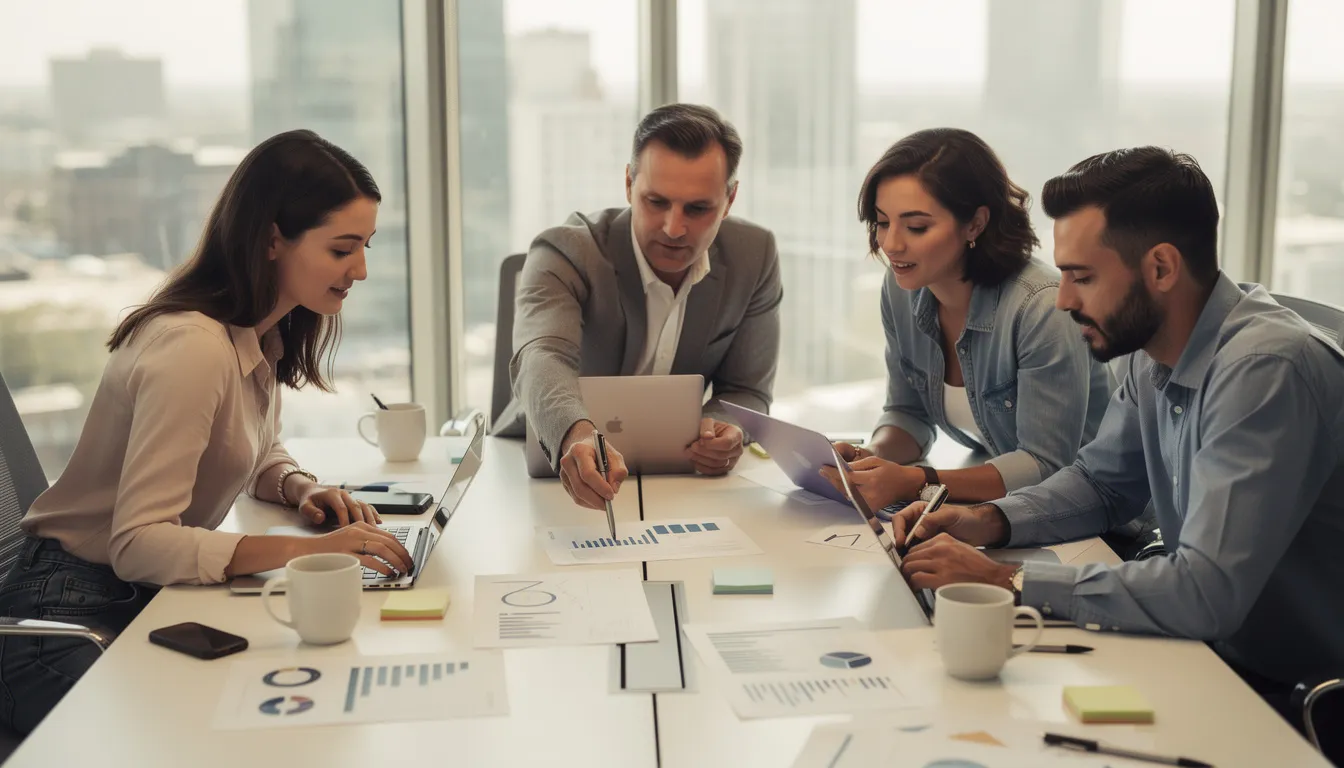 The image depicts startup founders gathered around a conference table, intently reviewing documents related to their venture capital investments. They appear engaged in a discussion about corporate governance and strategic advice for their emerging growth companies.