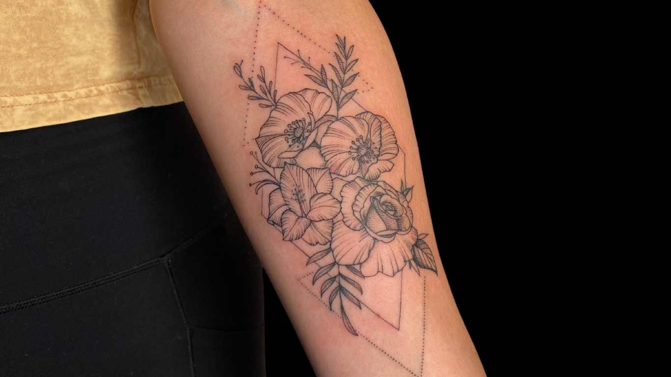 Fine line black and gray floral tattoo by Luis Hinestra.
