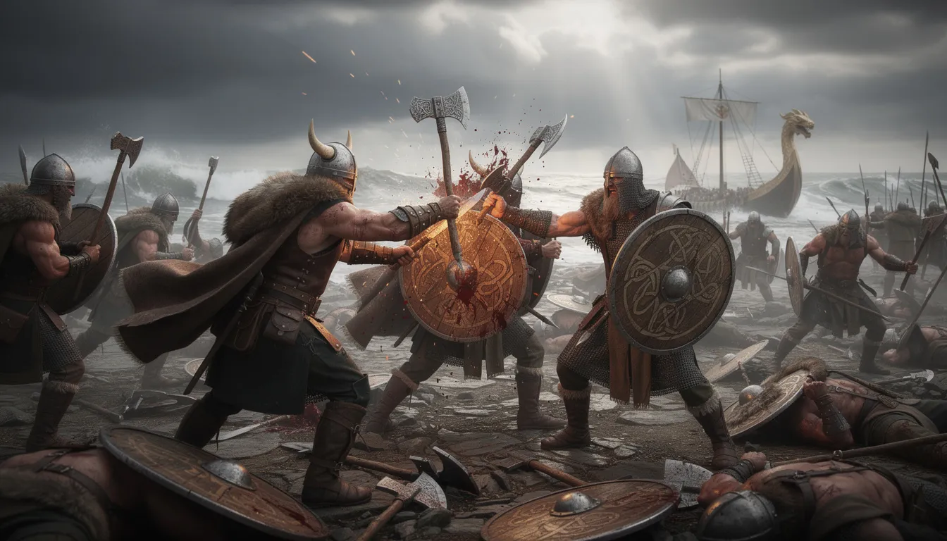 En dramatisk stridsscen med vikingakrigare som slåss med sköldar och yxor, omgivna av en tuff och spännande atmosfär. Den fantastiska grafiken fångar den intensiva kampen, vilket påminner om de populära Yggdrasil-spelen som "Vikings Go Berzerk".