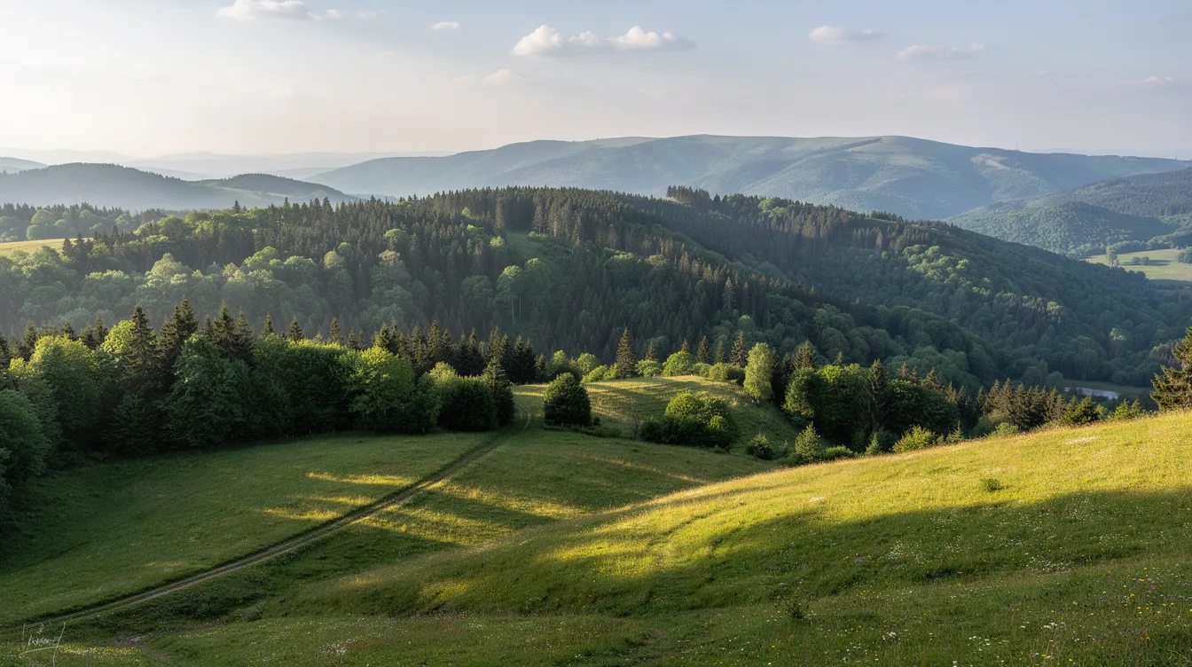 Widok na malownicze góry Beskidu Sądeckiego, z zielonymi wzgórzami i lasem, doskonale oddaje urok regionu, idealnego na wczasy dla seniorów w górach. Sceneria sprzyja aktywnemu wypoczynkowi oraz relaksowi na świeżym powietrzu.