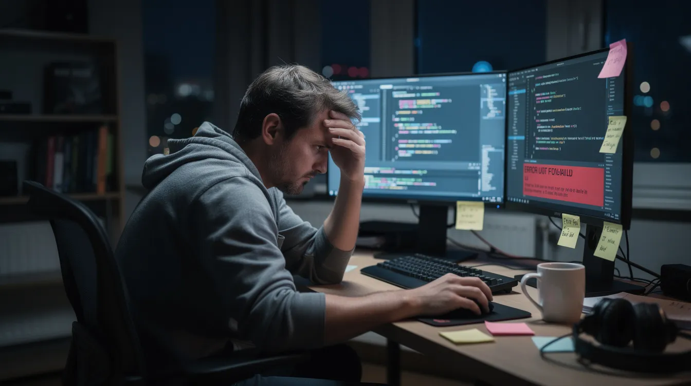 The image shows a frustrated programmer sitting at a computer, with their hands on their head, surrounded by multiple monitors displaying code and a rich text editor interface. The scene captures the challenges of modern web development and the complexities involved in the content creation process.