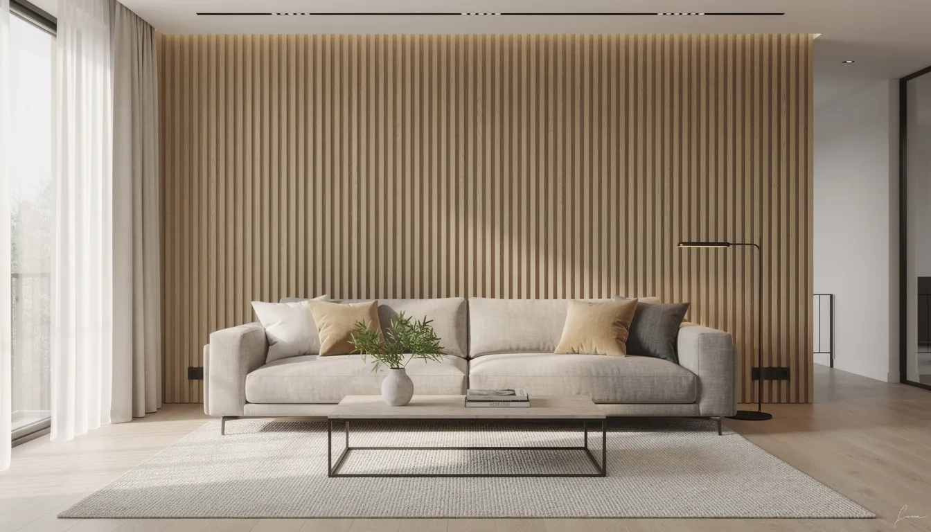 Een moderne woonkamer met een stijlvolle houten lattenwand in natuurlijke tinten, die een luxe uitstraling geeft aan de ruimte, achter een comfortabele bank. De lattenwand, gemaakt van rustiek eiken, creëert een warme sfeer en draagt bij aan de akoestische kwaliteit van de woonkamer.