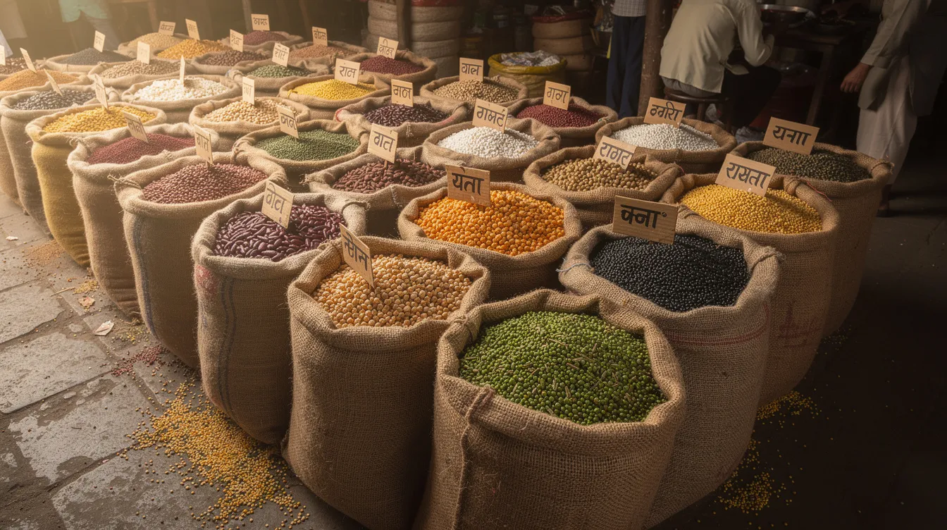 eefe24d3 9853 4914 81cc 909326063d8f The image depicts various raw pulses, including pigeon pea, moong, and chickpeas, stored in jute sacks at an Indian wholesale grain market. This scene highlights the diversity of pulses available for milling and the importance of agricultural engineering in enhancing dal recovery and milling efficiency.