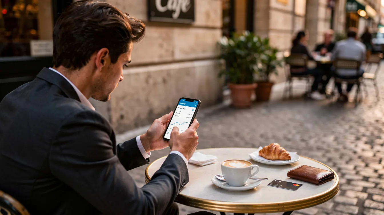 A person is sitting at a European café, using a smartphone to access mobile banking services, managing their finances through a digital account. This scene reflects the convenience of online and mobile banking in the modern banking sector, showcasing how individuals can easily handle their personal accounts while enjoying a relaxed atmosphere.