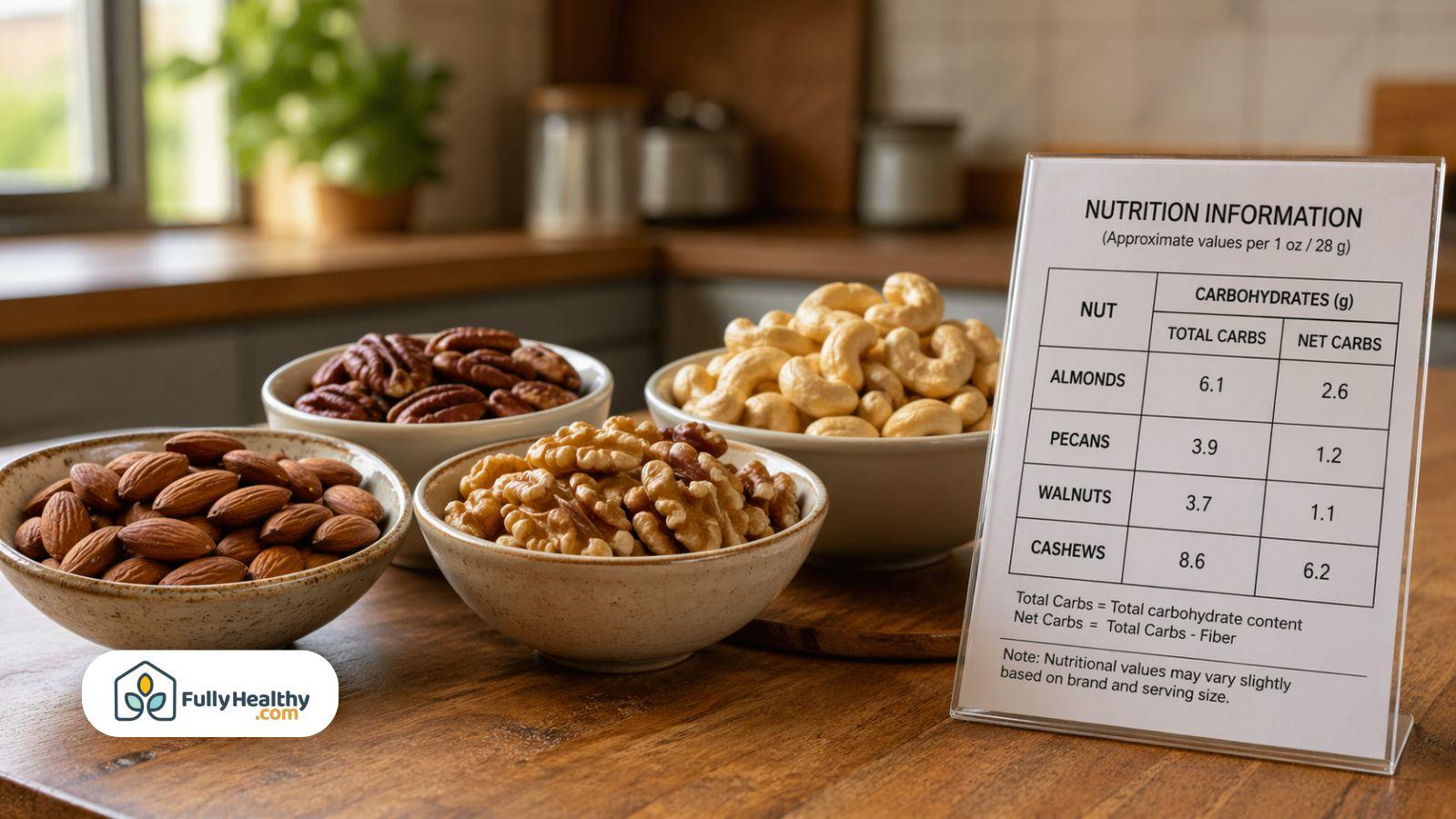 Assorted nuts with carb chart showing almonds pecans walnuts and cashews