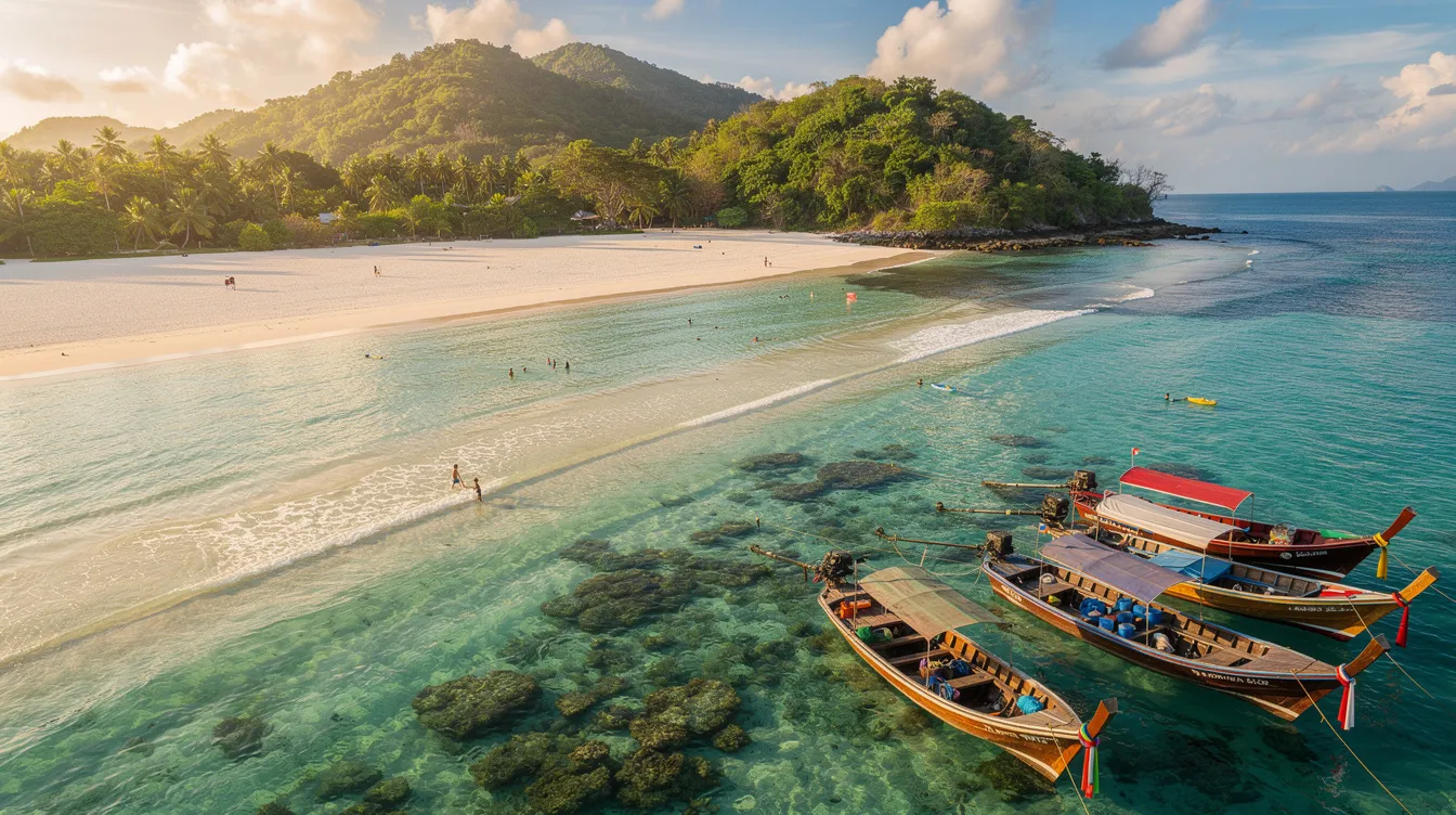 A imagem mostra a Ilha Racha, na Tailândia, com suas águas cristalinas e praias de areia branca, rodeadas por exuberante vegetação tropical. É um destino popular para turistas em busca de atividades como snorkeling e apreciação da vida marinha, além de ser uma opção perfeita para relaxar e admirar o pôr do sol.