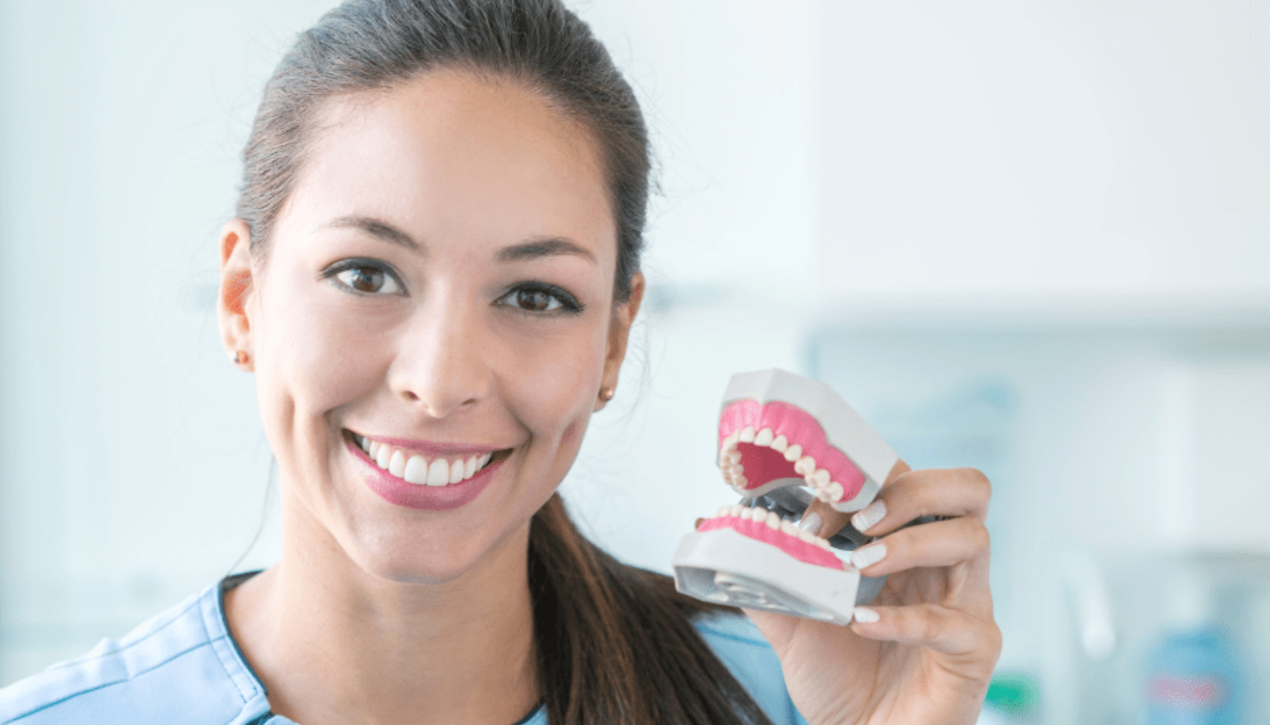 Kvinnelig tannpleier smiler og holder en tannmodell med over- og underkjeve for å demonstrere tannhelse og munnhygiene.