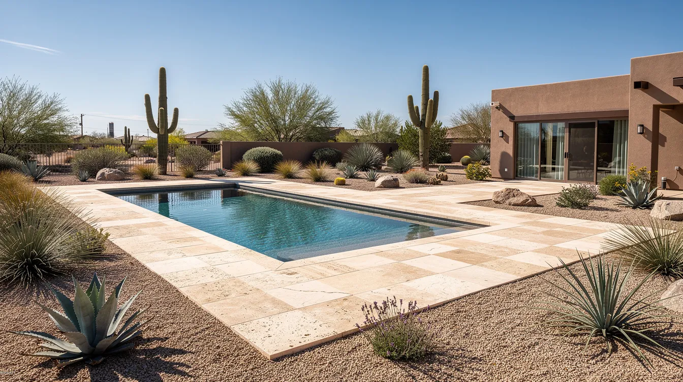 The image showcases a beautifully transformed outdoor space featuring light-colored travertine pavers installed around a swimming pool in an Arizona backyard, complemented by native plants and desert landscaping. This hardscaping project highlights quality craftsmanship and is an excellent example of effective landscape design by professional hardscaping contractors.