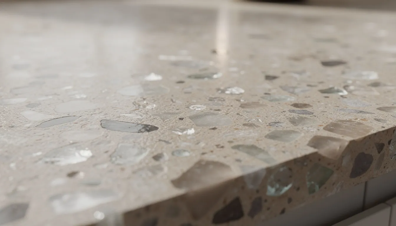 This close-up image showcases a kitchen countertop made from a neutral-colored composite material, featuring embedded recycled glass particles that contribute to a unique aesthetic. The sustainable materials used highlight an eco-friendly design approach, ideal for a green kitchen.