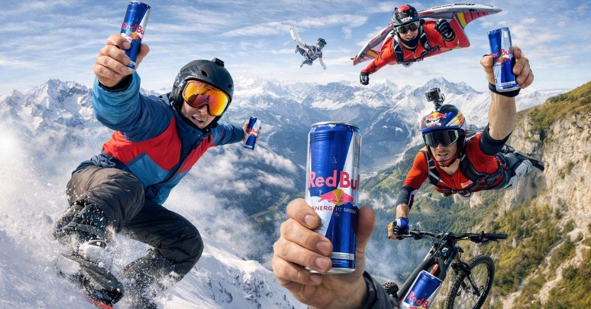 Red Bull’s campaign showcases extreme sports influencers promoting energy and adventure.