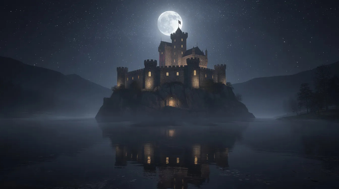 Die imposante Burg auf dem Felsen strahlt in der Nacht, umgeben von einem dunklen See, der das Mondlicht reflektiert. Die beleuchteten Turmfenster und die funkelnde Sternenkulisse verleihen der Szene eine magische Atmosphäre, die an die Abenteuer aus den Harry Potter Büchern erinnert.