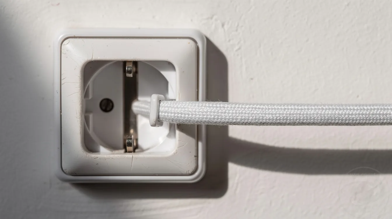 Närbild på ett vägguttag med synligt jordbleck bredvid en lampsladd, där den ojordade lampan är kopplad till det jordade uttaget. Bilden visar tydligt hur viktigt det är att använda korrekta installationer för säkerhet vid elektriska apparater.