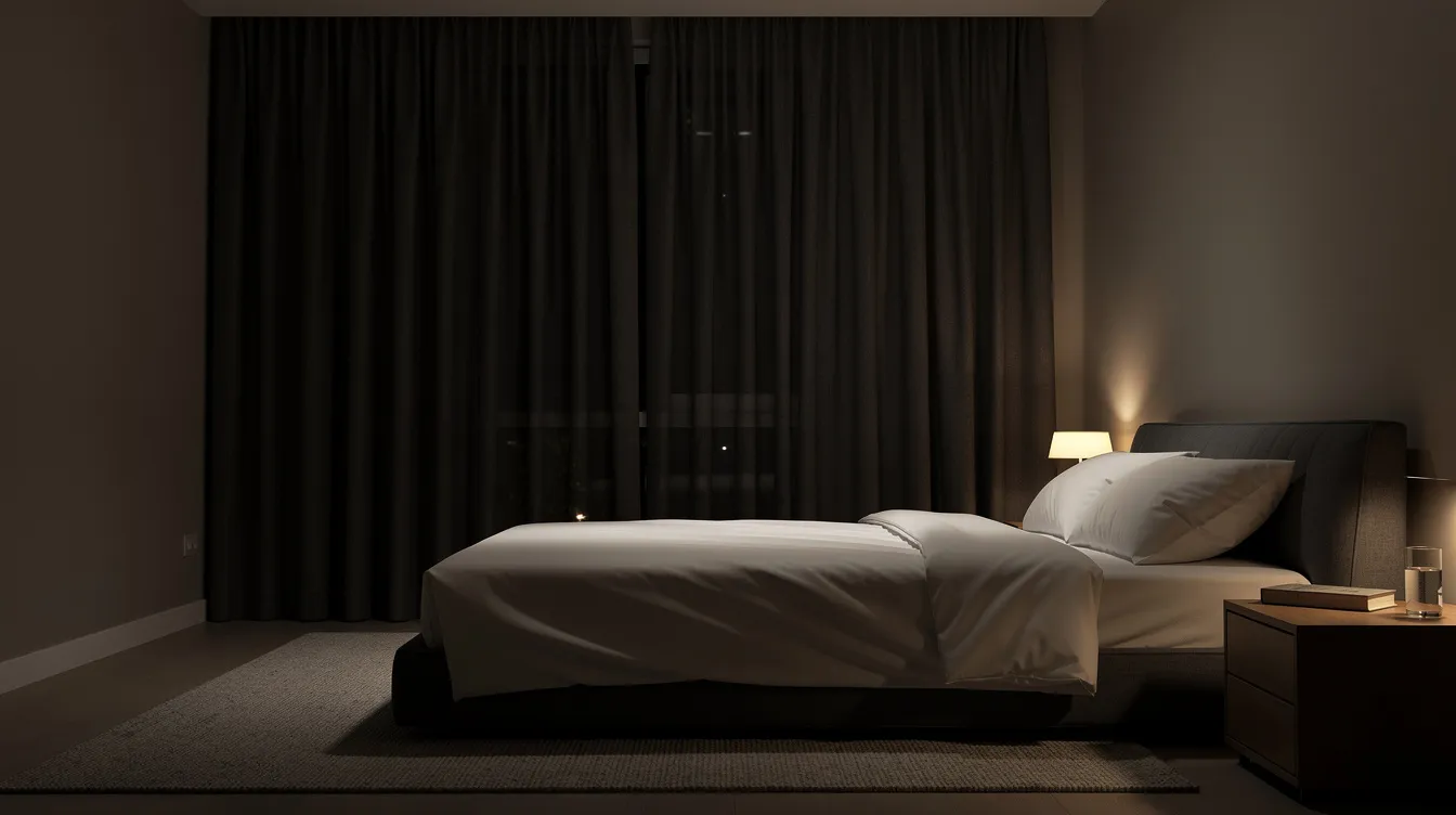 The image depicts a modern bedroom featuring blackout curtains that block out minimal light, creating an environment conducive to quality sleep. This serene setting is ideal for individuals seeking better sleep hygiene and addressing sleep disorders such as insomnia or sleep apnea.