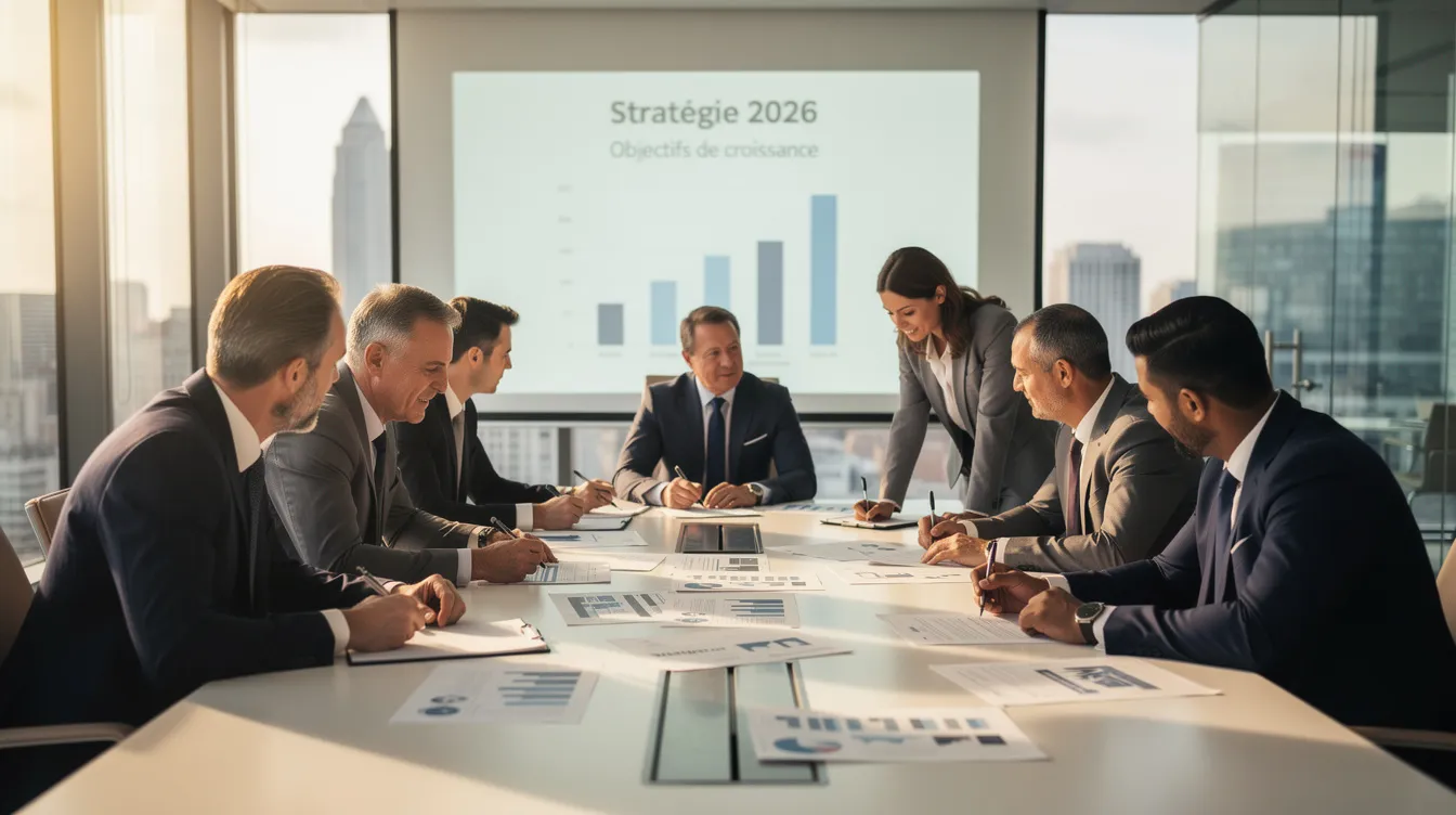 Une équipe de dirigeants est réunie autour d'une table, examinant des documents tout en discutant d'un projet d'entreprise. L'écran de projection en arrière-plan affiche des graphiques et des idées, illustrant leur stratégie commerciale et leur objectif de développement.