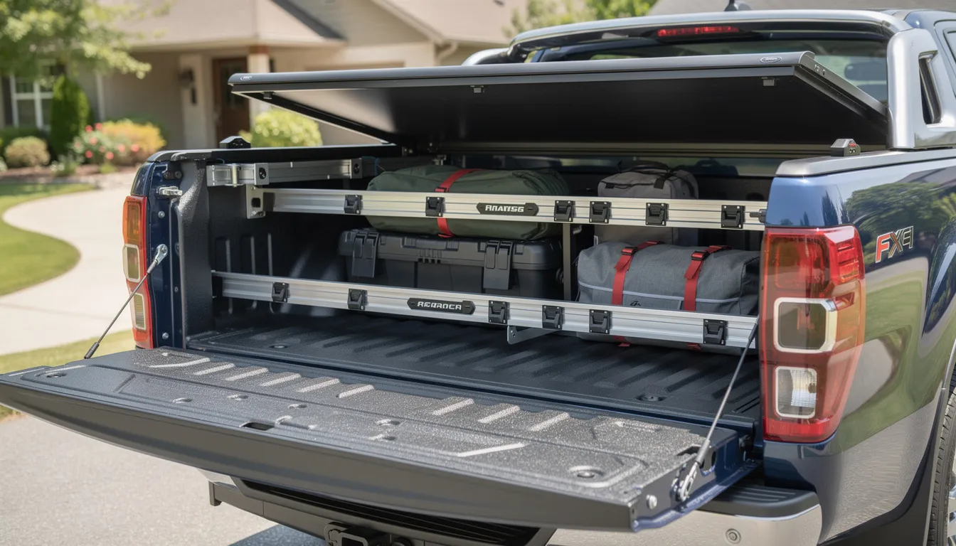 The image shows a Ford Ranger bed equipped with a cargo management system, featuring a durable bed liner and a hard tonneau cover. This setup highlights the spacious bed options, with ample cargo space and thoughtful design for various hauling needs, making it an ideal choice for a midsize truck.