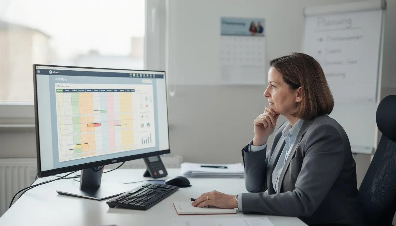Die Filialleitung betrachtet konzentriert einen digitalen Dienstplan auf einem Tablet, während sie über Zeitverluste und Herausforderungen in der Schichtplanung nachdenkt. Die Reflexion über die effiziente Personalplanung und die Berücksichtigung von kurzfristigen Ausfällen spielt eine wesentliche Rolle im Pflegealltag.