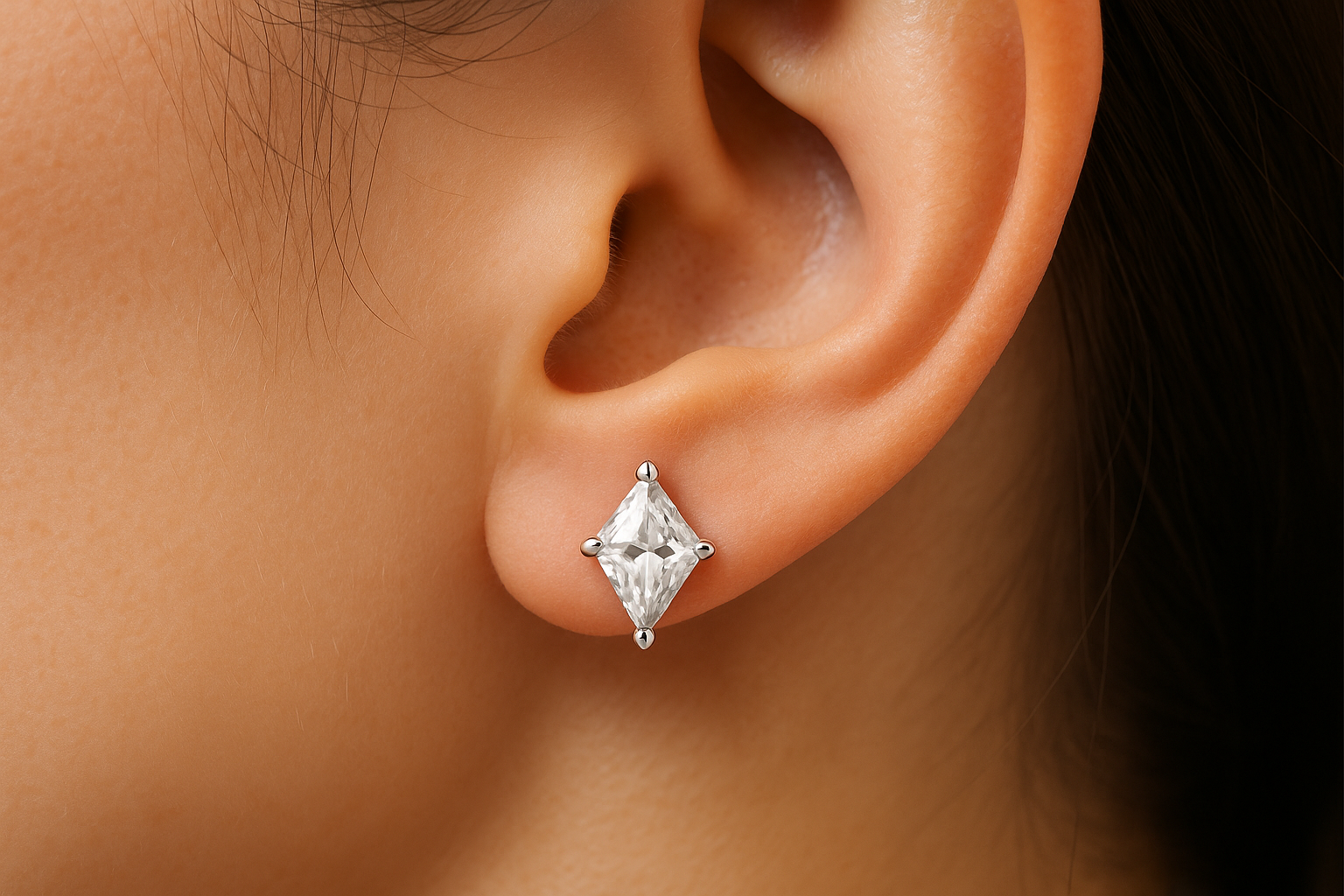 Auskarai su kite formos deimantais baltame aukse ant moters ausies.