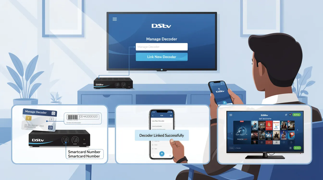 The image illustrates the step-by-step process for linking a new DStv decoder to an existing account, featuring an on-screen guide that highlights the necessary components such as the smartcard number, LNB cable, and connection to a satellite dish. It emphasizes the importance of following the installation process for successful activation and access to channels on your DStv service.