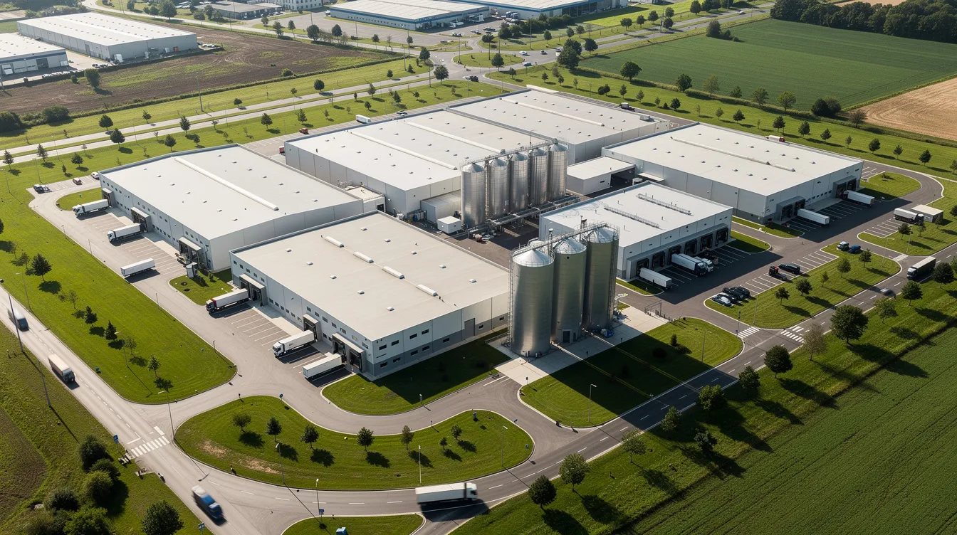 ef0c049d 221a 408d 9a25 6dd898858d0d An aerial view of a large industrial manufacturing plant showcases multiple buildings, storage silos, and truck loading bays set within a green industrial zone. This facility is likely involved in the production of whey protein, including whey protein concentrate and isolate, highlighting its role in the global whey protein market and the manufacturing process of protein-rich dietary supplements.