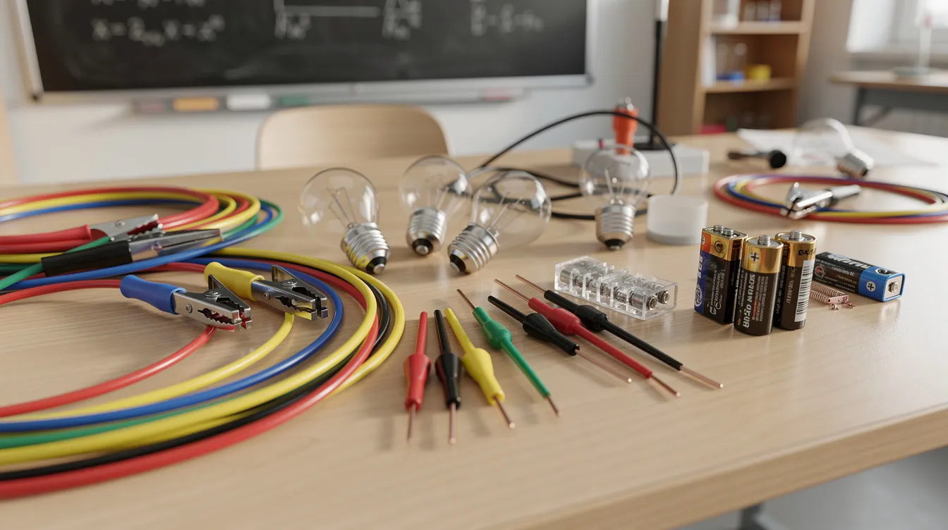 Na obrazku widoczne są kolorowe przewody elektryczne, baterie oraz żar&oacute;wki, kt&oacute;re zostały przygotowane do eksperymentu na lekcji fizyki. Elementy te mogą być wykorzystane do nauki o ładunkach elektrycznych i elektryzowaniu ciał, co jest istotne na sprawdzianie z fizyki w klasie 8.