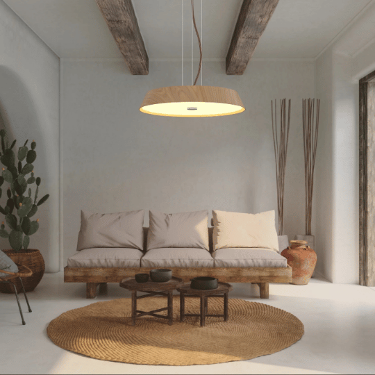 Wide wooden pendant light centered in a rustic bedroom, showcasing bedroom pendant lighting ideas.